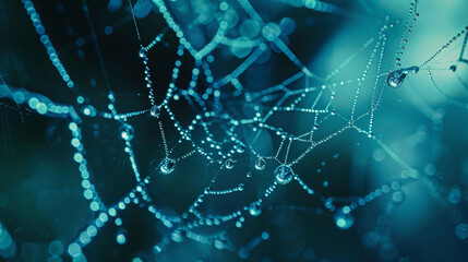 A close-up shot of a spider web adorned with dew drops, set against a blurred background, highlighting intricate details and nature's beauty.
