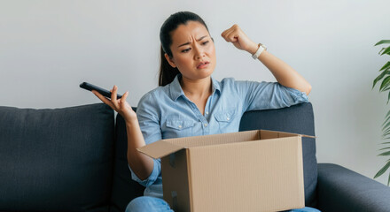 Frustrated woman holding smartphone and checking delivery box she received in living room.