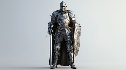 A valiant knight in full armor stands confidently, sword in hand and shield at his side.