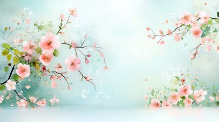 Fototapeta premium A gentle garden scene with soft watercolor blossoms and flowing ribbons, adorned with soft vintage bows, all rendered in a warm and elegant cartoon style