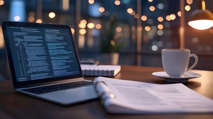 Sleek and organized corporate desk workspace with laptop legal documents and coffee cup showcasing professionalism and technology for contract work and business proposals