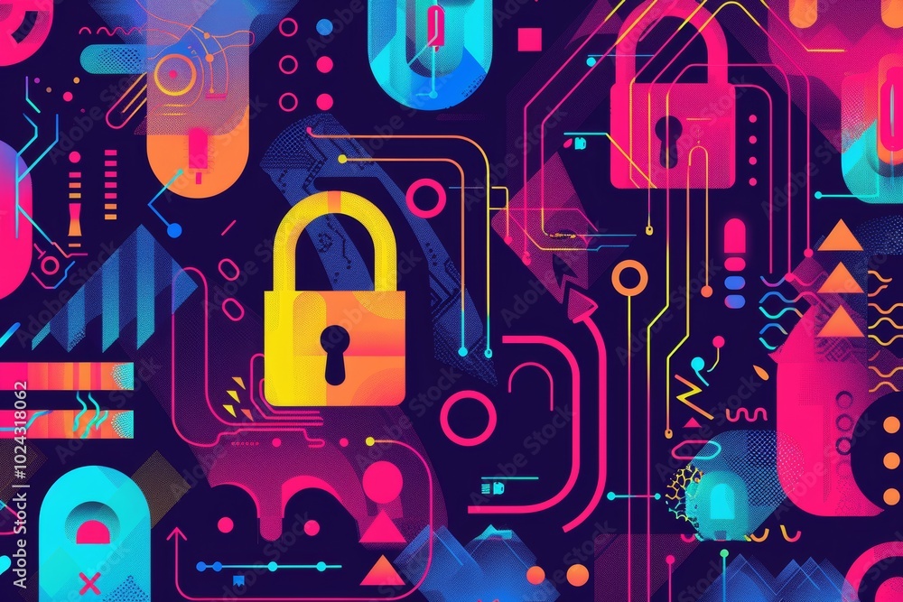 Poster colorful pattern with abstract cyber security elements.