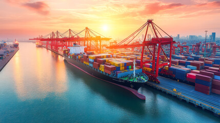 Naklejka premium A massive container ship docked at a bustling port during sunrise, surrounded by vibrant