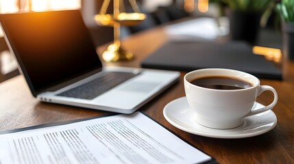 Professional workspace with laptop screen displaying business proposal cup of coffee and legal documents ready for signature in a law firm setting