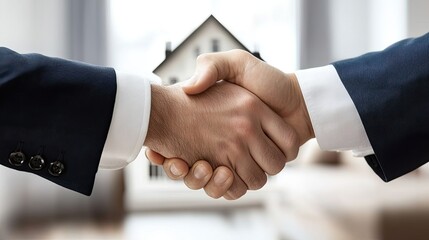 Two businessmen shake hands. The image is perfect for representing a successful real estate deal.
