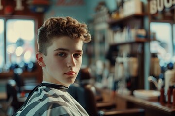 Fototapeta premium A Young Man in Concept Hair Care Service at Barbershop blurry back with copy space, Generative AI.