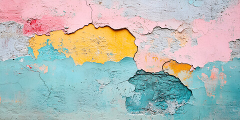 Obraz premium Wall with Peeling Paint in Pink, Yellow, and Blue Shades