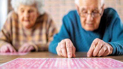 Elderly couple engaged in bingo game at home for leisure.