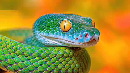 Captivating close-up of coiled green tree python with intricate scales