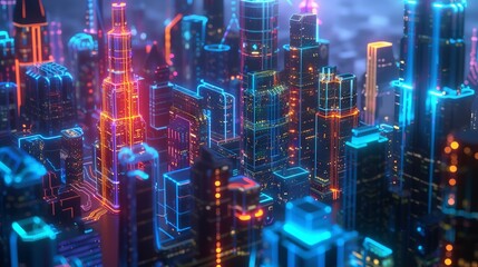 Obraz premium Futuristic digital cityscape with interconnected network nodes, showcasing advanced 5G technology for global connectivity and smart city infrastructure.