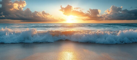 Golden sunrise over a calm ocean with white foamy waves crashing on the sandy beach.