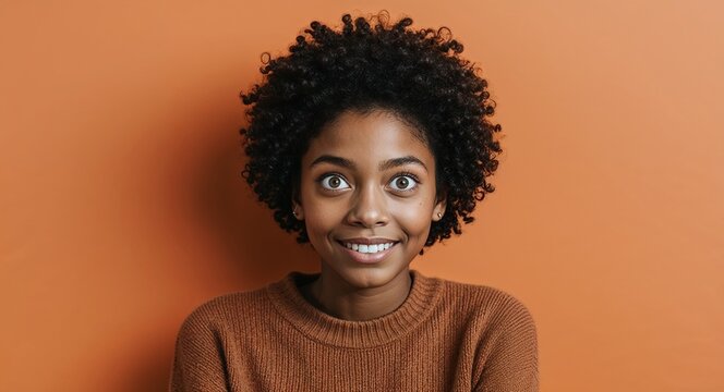 Teen Black girl with wide eyes and short curly hair relaxed warm orange background