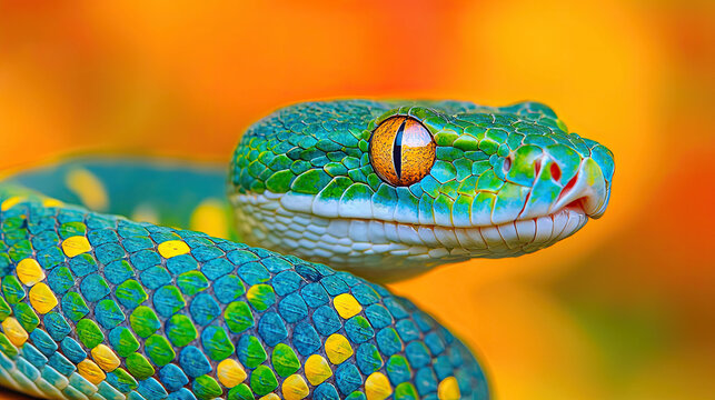 Captivating close-up of coiled green tree python with intricate scales