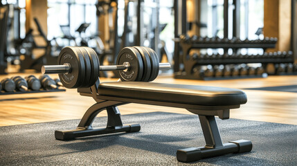 Fototapeta premium A pair of heavy dumbbells resting on a workout bench in a clean and modern gym