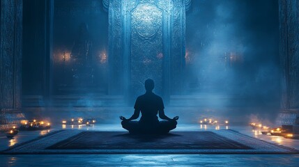 Silhouetted Figure Meditating in a Mystical Temple Setting