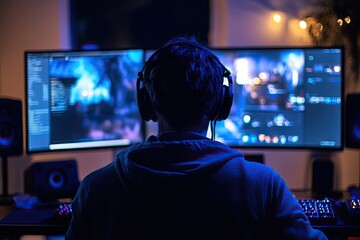 Man in headphones gaming on PC. Perfect for articles about gaming, technology, and esports.