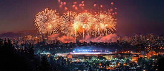 Fototapeta premium Fireworks display over a cityscape at night.