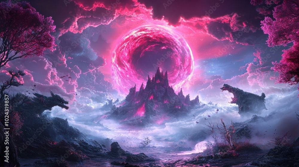 Poster a 3d-rendered ancient temple ruin under a glowing red sky, surrounded by soft, plush-like sculptures