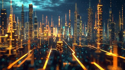 Futuristic digital cityscape with interconnected network nodes, showcasing advanced 5G technology for global connectivity and smart city infrastructure.