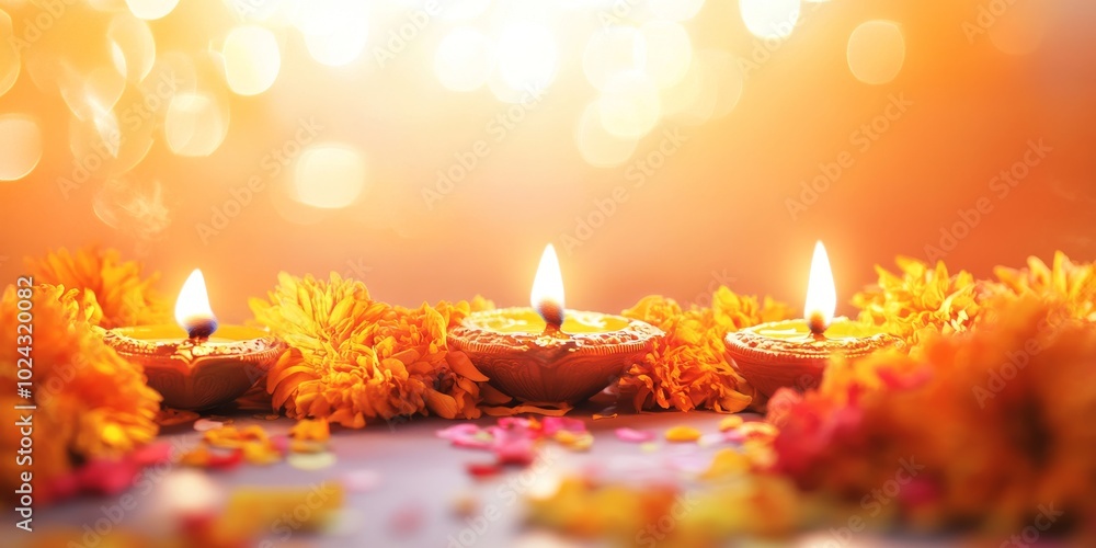 Aufkleber three lit candles are arranged in a row on a table with orange flowers in the background. the candle