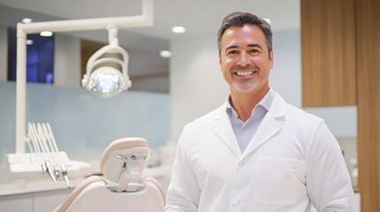 A professional dentist with a warm smile, standing confidently in a modern dental clinic