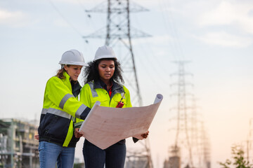 Engineers Examining Blueprints Near Power Lines: Infrastructure Planning, Safety, and Project Management in the Field