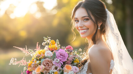 A radiant bride smiling softly while holding a vibrant bouquet of mixed flowers