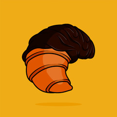 illustration of croissant covered in half melted dark chocolate in line art style. Can be used for restaurants, cafes, local street food, cookbook menu covers