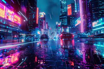 Obraz premium A neon cityscape with a car driving down a wet street, generative ai image.,