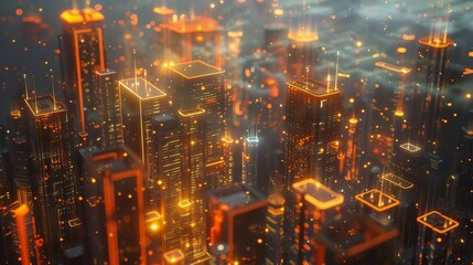 Futuristic digital cityscape with interconnected network nodes, showcasing advanced 5G technology for global connectivity and smart city infrastructure.