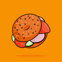 illustration of bagel sandwich filled with fresh raw salmon, onion and cucumber in line art style. Can be used for restaurants, cafes, local street food, cookbook menu covers