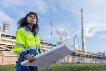 Female Engineer with Blueprint at Construction Site: Project Planning, Safety, and Industrial Development