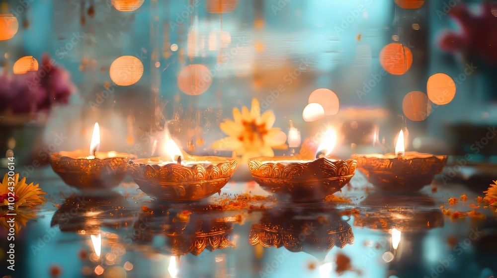 Poster A group of candles are lit in a bowl with flowers