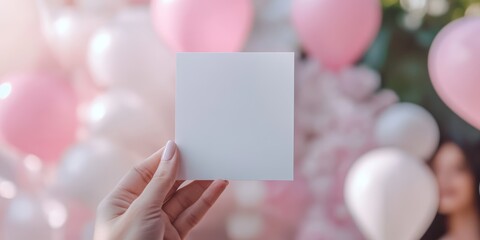 Obraz premium A hand holding a blank card in front of a festive pink balloon backdrop.