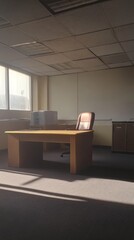 A desk with a chair in front of it. The room is empty and the desk is the only piece of furniture