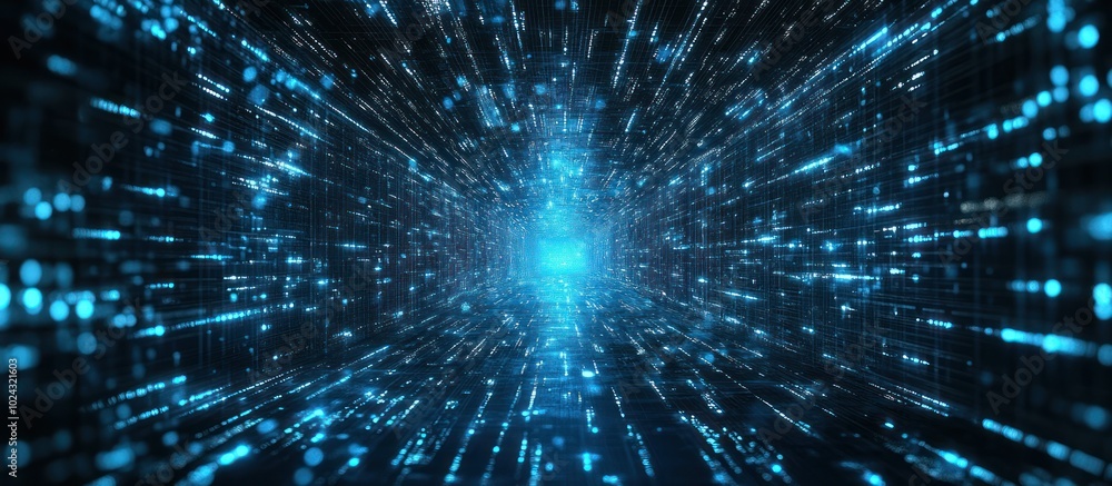 Poster abstract digital tunnel with glowing blue lines and particles.