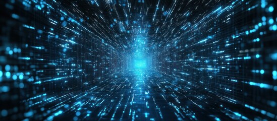 Naklejka premium Abstract digital tunnel with glowing blue lines and particles.