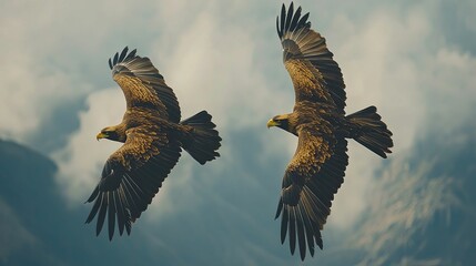 Obraz premium Two Golden Eagles In Flight Against Cloudy Sky