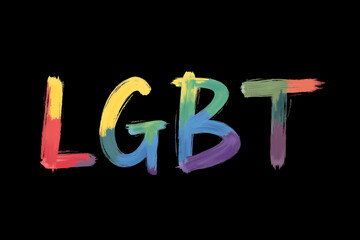 Vibrant LGBT lettering in brush stroke style on a black background