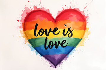 "Love is Love" in a vibrant heart with rainbow colors and splashes, symbolizing LGBT pride and acceptance