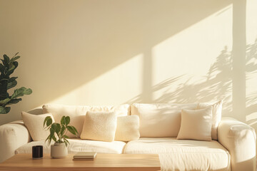 A serene minimalist living room with a neutral color palette. A light cream sofa adorned