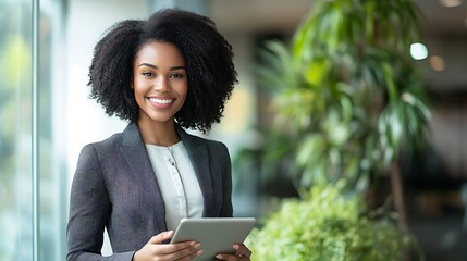  Smiling young African American businesswoman standing in suit in office and using tablet 