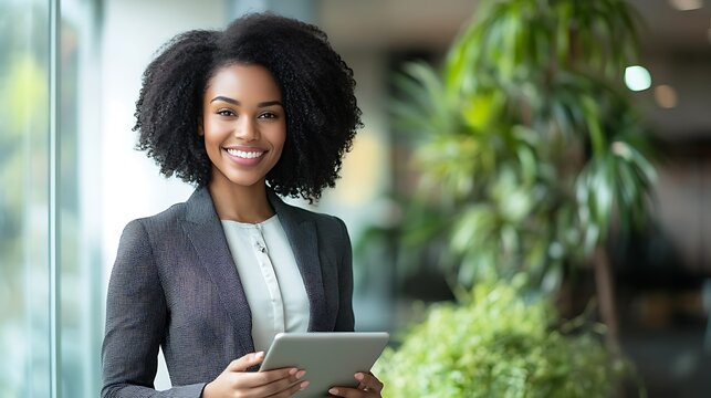  Smiling young African American businesswoman standing in suit in office and using tablet 