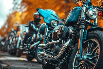 An exuberant motorcycle rally displays a collection of vintage motorbikes, and bright banners contribute to the joyous ambiance of the occasion, Generative AI.