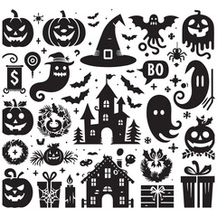  Halloween clip art assortment including jack-o'-lanterns, cobwebs, and playful ghosts for festive designs.