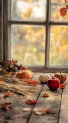 Cozy Autumn Setting with Apples, Pumpkins, and Wheat on Rustic Wooden Table by Sunlit Window