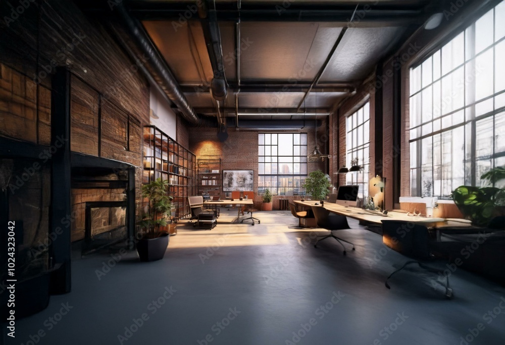 Aufkleber a modern office space features an open layout with exposed brick walls, large windows, and a spaciou