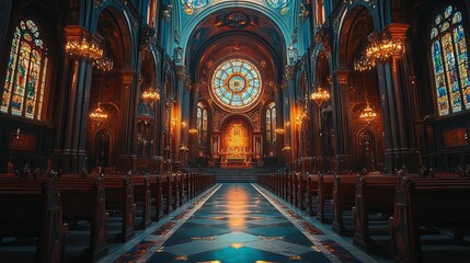 Obraz premium Interior of a Cathedral with Stained Glass Windows and Pews