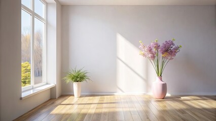 A minimalist room bathed in soft sunlight, with a vase of delicate pink flowers standing beside a window overlooking a tranquil landscape.
