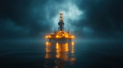 An oil rig stands illuminated in the middle of a foggy ocean at night, its lights reflecting on the water.